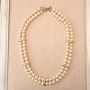 NAPIER 17" Double strand faux pearl necklace with polished gold spacers